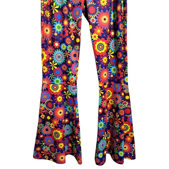 Vintage-Inspired Disco Flared Pants With Multicolor Floral Print Size S Boho Hip - Picture 5 of 11